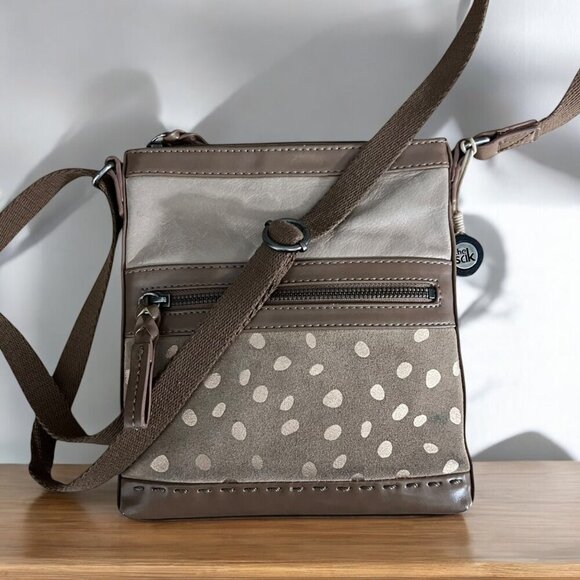The Sak Brown Polka Doat Leather & Canvas Crossbody Shoulder Bag - Picture 1 of 7